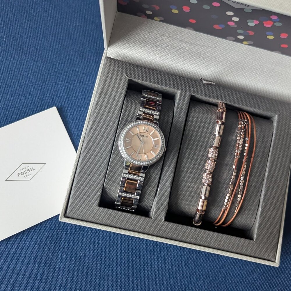 Fossil Virginia 3-Piece Set - Two-toned Rose Gold Silver Watch and Bracelets